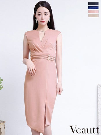 バストタック ベルトデザイン ウエスト 3連ボタン サークルチャーム アッパー タックベルト ノースリーブ タイトミディアム ひざ丈ドレス