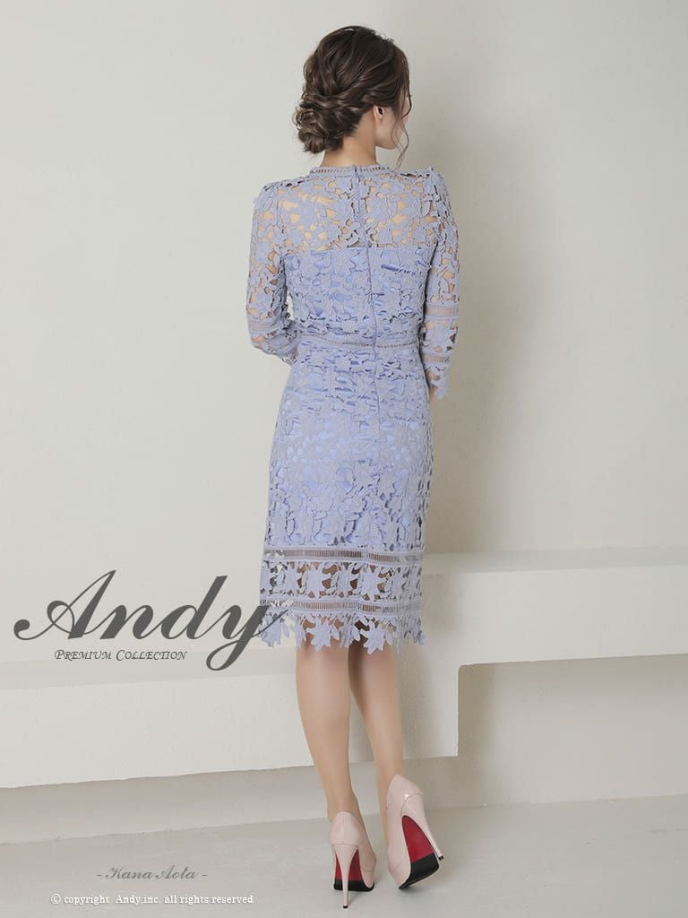 シンプル　刺繍レース Vネック 袖あり タイト ひざ丈ドレス