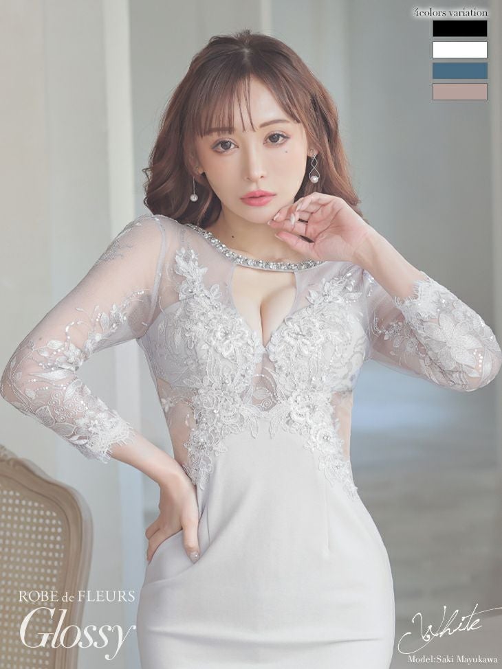 ウエストサイド チュール切り替え ワンカラー 袖あり 刺繍レース ストレッチ タイトミニドレス