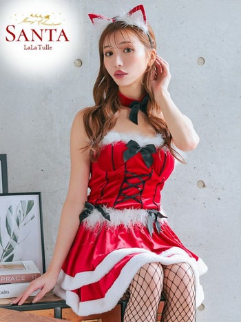 サンタコスプレ 2点セット 猫 ブラックリボン ベロア ベアトップ 2段フレアスカート アニマルサンタコス