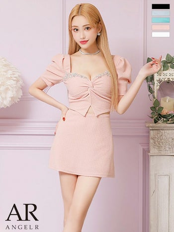 クール　クロスタック ギャザー　パフスリーブ　バストビジュー セパレート フレアミニドレス