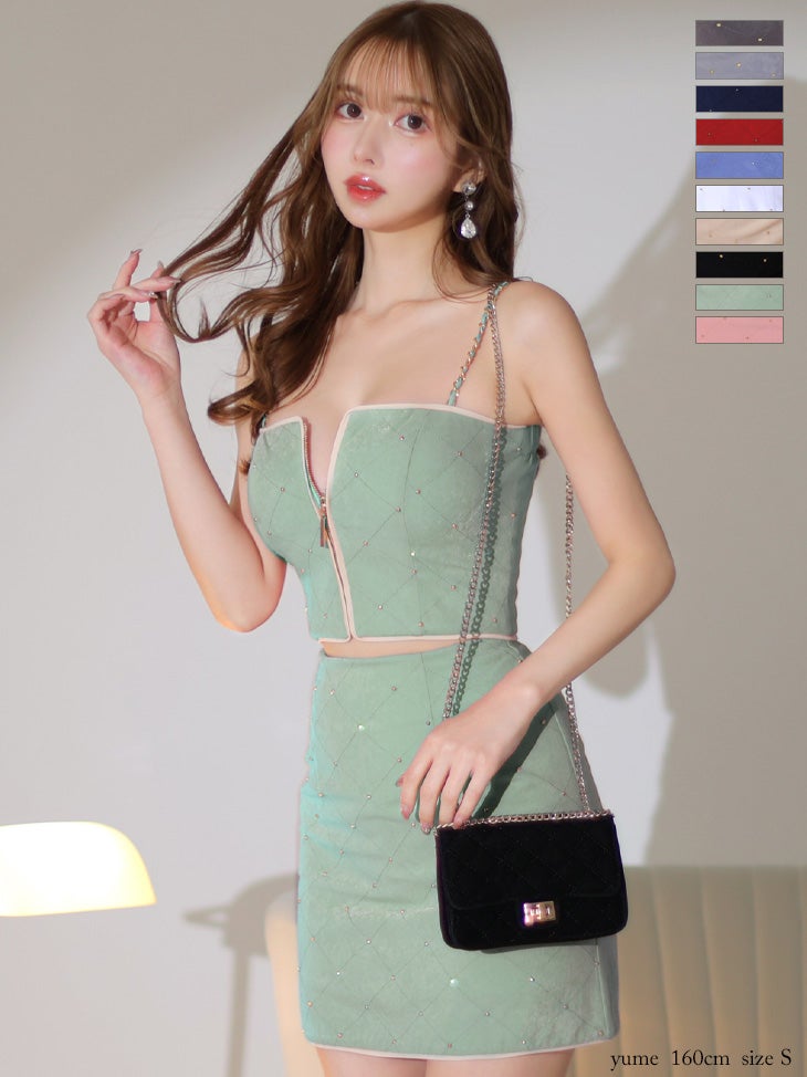 スタッズ　キルティング　セットアップ　フロントジッパー　チェーンキャミ　タイトミニドレス