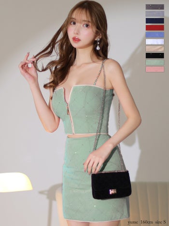 スタッズ　キルティング　セットアップ　フロントジッパー　チェーンキャミ　タイトミニドレス