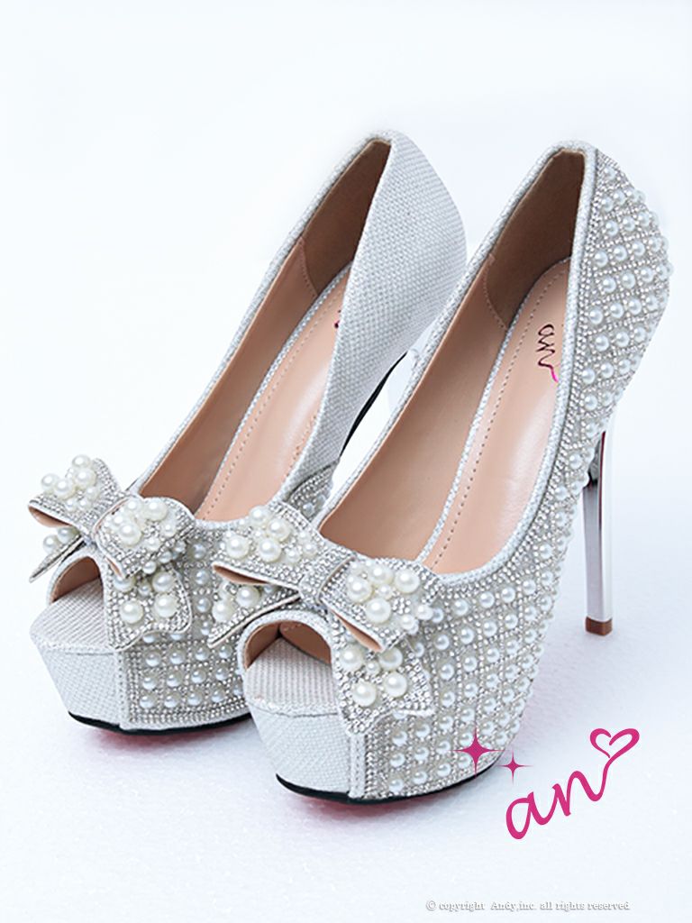 an/アン】リボン パール ビジュー ピンヒール オープントゥ パンプス