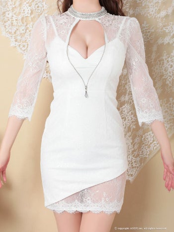 [an/アン]フロントジップ レース 七分袖 袖あり タイトミニドレス[aoc3331]