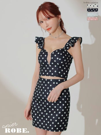 バックファブスエードリボン ドット柄 フリルノースリーブ セットアップ タイトミニドレス