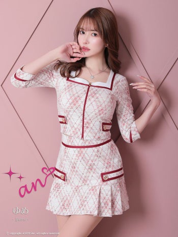 キャバドレス ミニ ドレス an アン ストレッチ ツイード フロントジップ プリーツ スクエアネック 七分袖 袖あり タイトフレアドレス