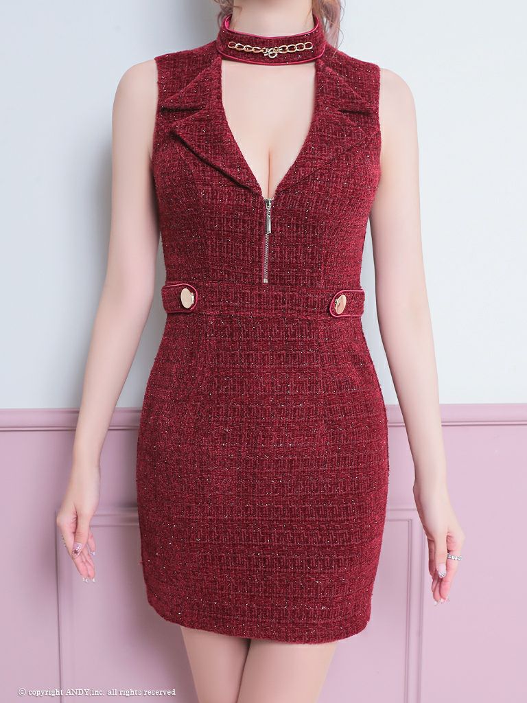 キャバドレス ミニ ドレス an アン チェーン フロントジップ サイドジップ チェック ツイード ノースリーブ タイトミニドレス