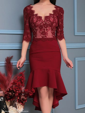 [an/アン]ロングテール 刺繍レース ワンカラー ビジューなし 袖あり 七分袖 ひざ丈ドレス ワンピース ミディアム丈ドレス[aoc3360]