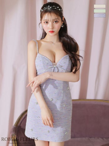 ニットツイード リボンビジュー キラキラ キャミソール タイトミニドレス