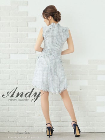 キャバドレス ミニ ドレス ANDY アンディ ノースリーブ ツイード ボタン フリンジ ゴールドボタン フレア Aライン アシンメトリー フレアミニドレス