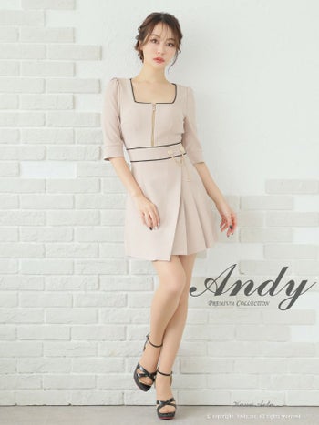 キャバドレス ミニ ドレス ANDY アンディ ジップデザイン バイカラー チェーン 袖あり 七分袖 フレア ミニドレス ビジューなし 胸元隠しドレス シンプル フレアミニドレス