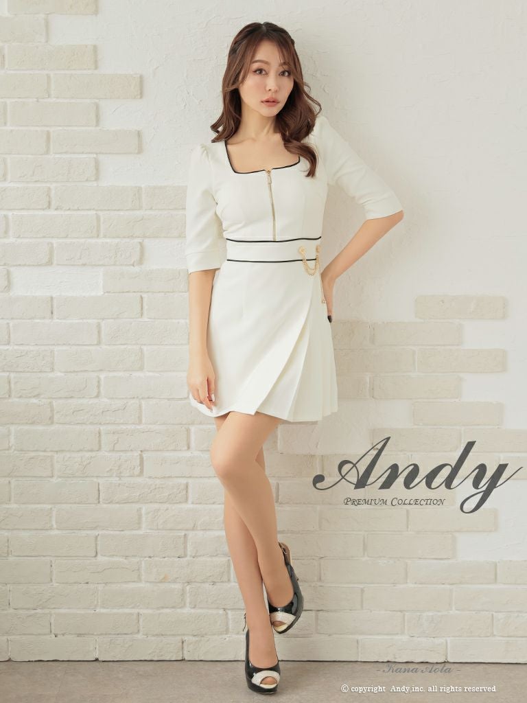 キャバドレス ミニ ドレス ANDY アンディ バイカラー チェーン ジップデザイン 袖あり 七分袖 フレア ミニドレス ビジューなし 胸元隠しドレス シンプル フレアミニドレス