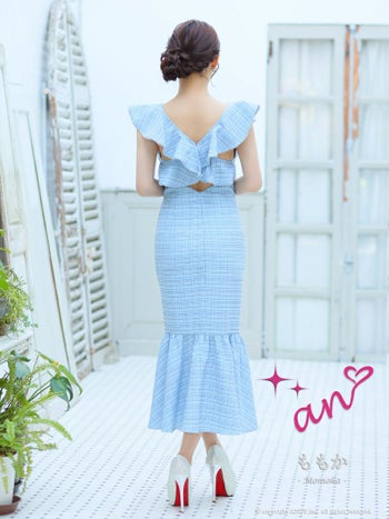 キャバドレス ミディアム ドレス an アン ツイード チェック柄 フリル ノースリーブ ジップデザイン マーメイド ミディアムドレス 膝丈ドレス