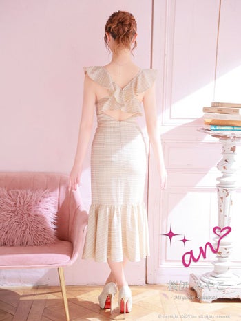 キャバドレス ミディアム ドレス an アン ノースリーブ ジップデザイン ツイード チェック柄 フリル マーメイド ミディアムドレス 膝丈ドレス