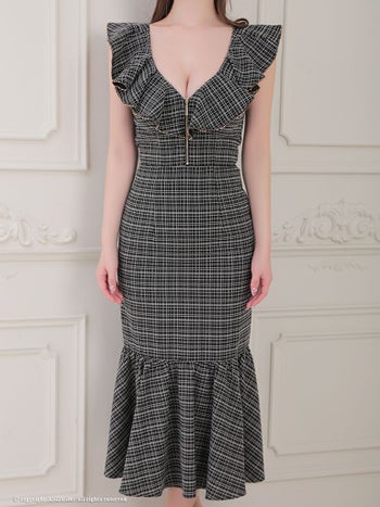 キャバドレス ミディアム ドレス an アン ツイード ノースリーブ チェック柄 ジップデザイン フリル マーメイド ミディアムドレス 膝丈ドレス