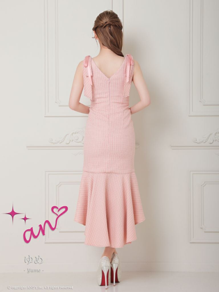 キャバドレス ミディアム ドレス an アン ノースリーブ ツイード ジップデザイン マーメイド フレア チェック柄 フリル 肩リボン 膝丈ドレス