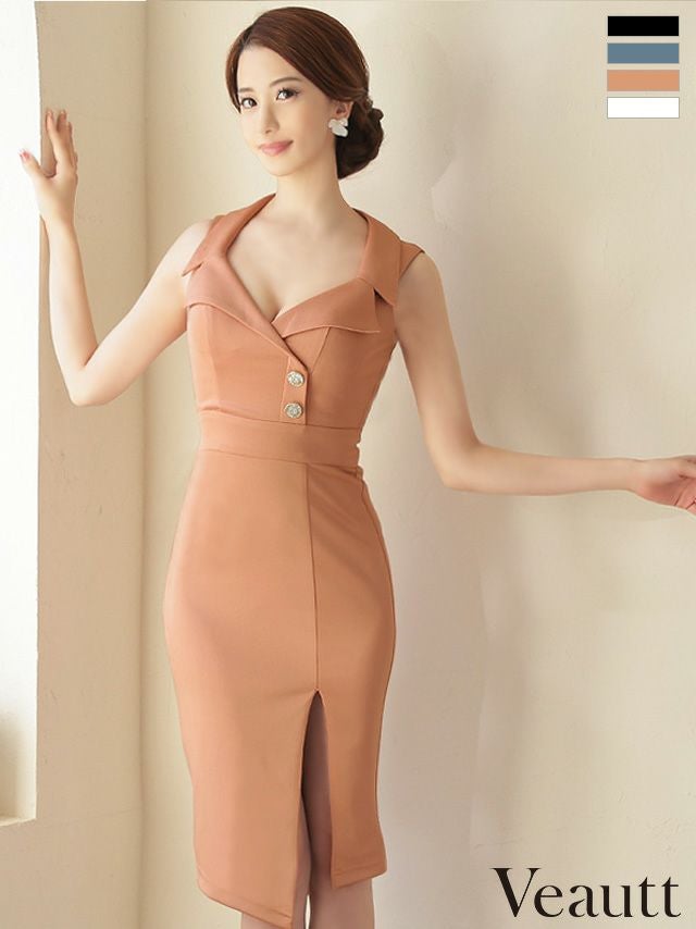 SALE【Veautt/ヴュート】サイドスリット ビジューボタン ワンカラー
