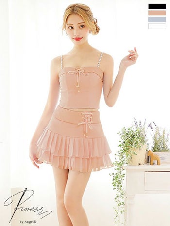 プリーツスカート キュート パールショルダー リボン レースアップ セットアップ フレアミニドレス