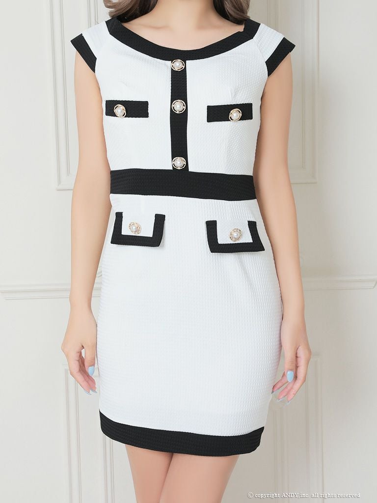 キャバドレス ミニ ドレス an アン モノトーン バイカラー パール ボタン パイピング オフショルダー タイト タイトミニドレス