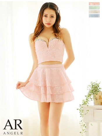 ティアードスカート スパンコール バストビジュー キャミソール ファブリックフリル セットアップ フレアミニドレス