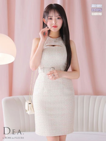 バストカット チェック柄 ベルト スプリングツイード シンプル タイト 膝丈ドレス