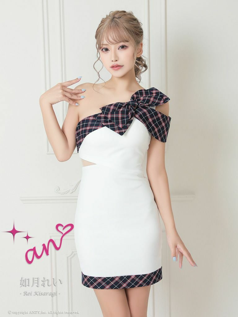 キャバドレス ミニ ドレス an アン ワンショルダー チェック ショルダー リボン カットアウト タイトミニドレス