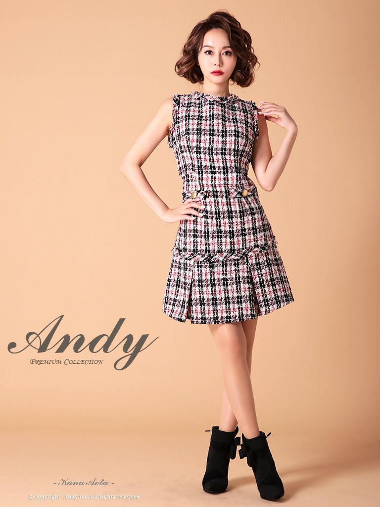 Andy/アンディ】ハイネック チェック柄 ツイード ノースリーブ