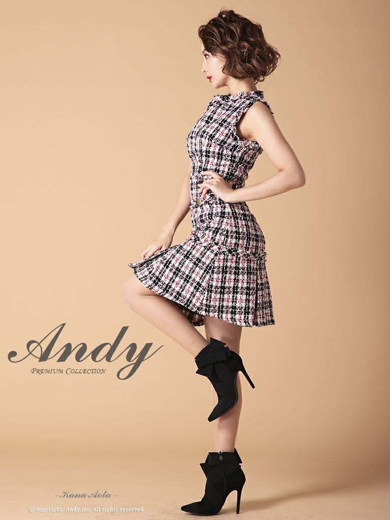 Andy/アンディ】ハイネック チェック柄 ツイード ノースリーブ