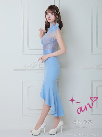 キャバドレス ミディアム ドレス an アン マーメイド シアー ワンカラー リボン レース タイト ワンショルダー 膝丈ドレス