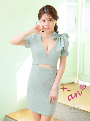 キャバドレス an　アン シースルー リボン ワンカラー パフスリーブ 半袖 タイトミニドレス