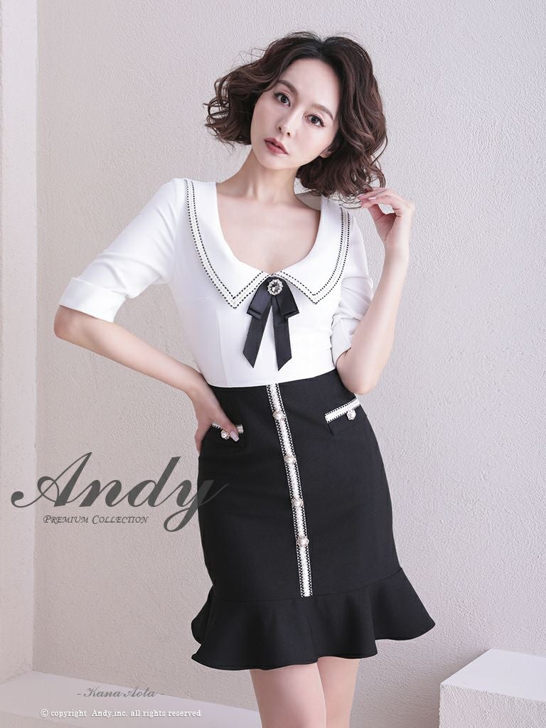 キャバドレス ミニ ドレス ANDY アンディ バイカラー 裾フリル マーメイド 襟付き リボン ブローチ 袖あり タイトミニドレス