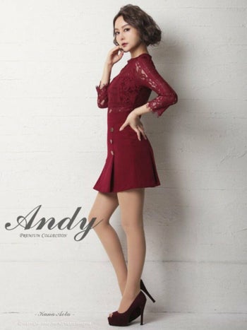 キャバドレス ミニ ドレス ANDY アンディ フラワー レース ゴールド 刺繍 ボタン 切り替え 袖あり プリーツ フレアミニドレス