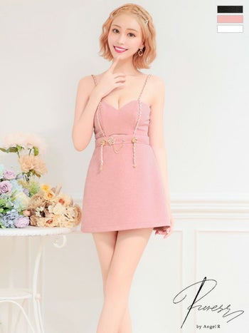 ショルダーチェーン キャミソール ハートカットデザイン ゴールドチャーム フレアミニドレス