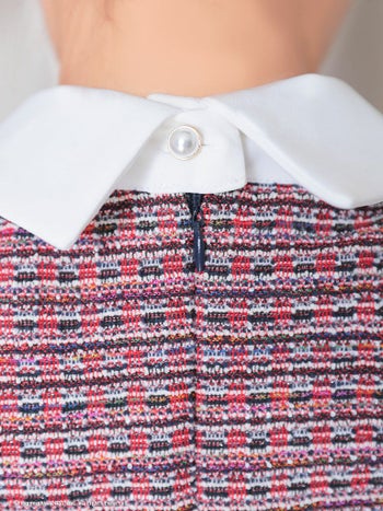 シンプル　フリル袖　襟付き ツイード タイトミニドレス