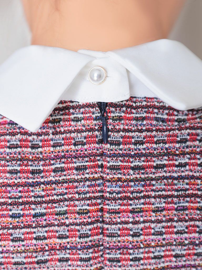 襟付き ツイード フリル袖 シンプル タイトミニドレス