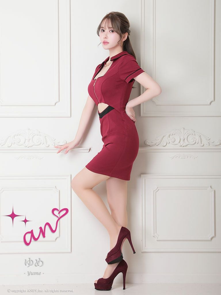 キャバドレス　かわいい　シンプル　フロントジップ 襟付き チェーン 半袖 タイトミニドレス