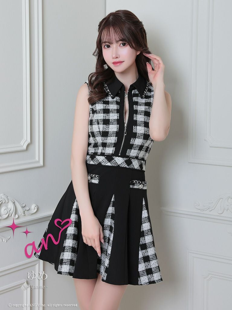 an/アン】ジップ ツイード ノースリーブ フレアミニドレス[ピンク