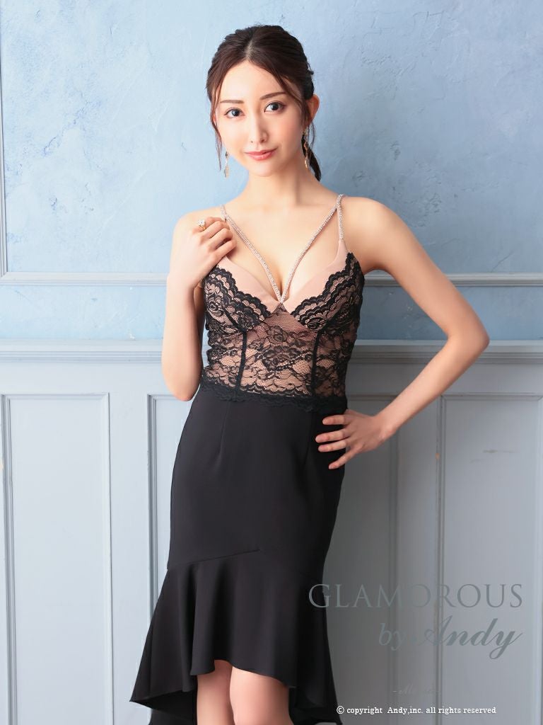 キャバドレス ミディアム ドレス GLAMOROUS グラマラスリボン チュール レース ノースリーブ フィッシュテール くびれ透け 裾フリル 膝丈ドレス