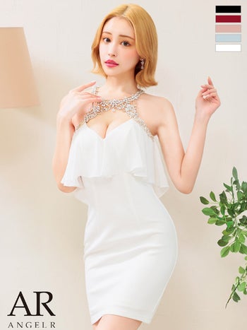 セクシー デコルテビジュー ホルターネック バスト シフォンデザイン タイトミニドレス