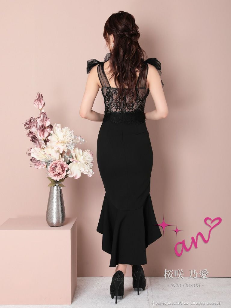 キャバドレス an アン かわいい ノースリーブ チュール タイト ショルダーリボン フラワー ロングテールドレス