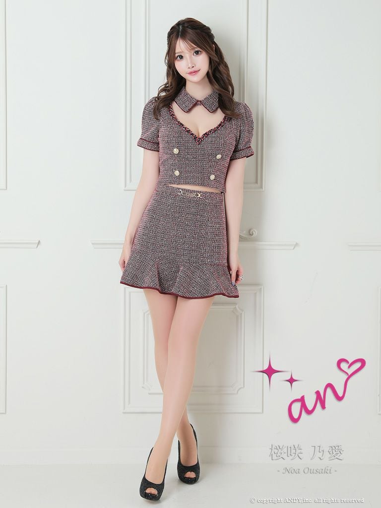 キャバドレス an アン かわいい セットアップ 半袖 マーメイド 襟付き ツイード タイトミニドレス