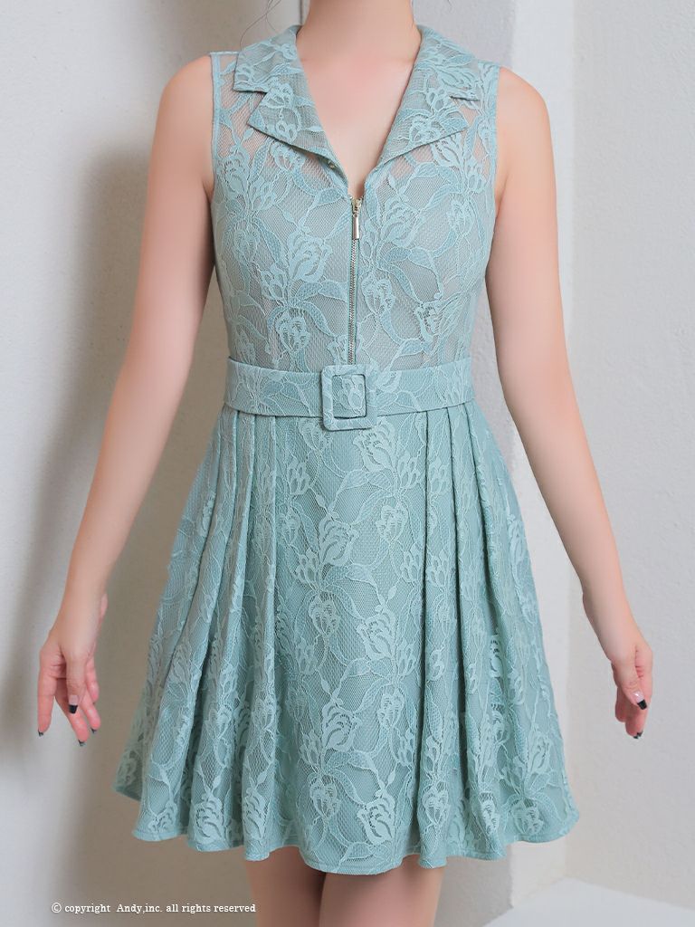 キャバドレス ミニ ドレス Andy アンディ 襟付き 総レース ジップデザイン ベルト ノースリーブ プリーツ Aライン フレアミニドレス