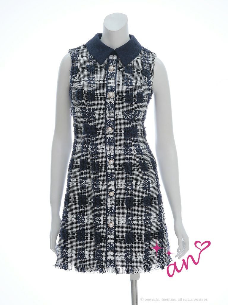 an/アン】チェック柄 ノースリーブ フリンジ 襟付き パールボタン A