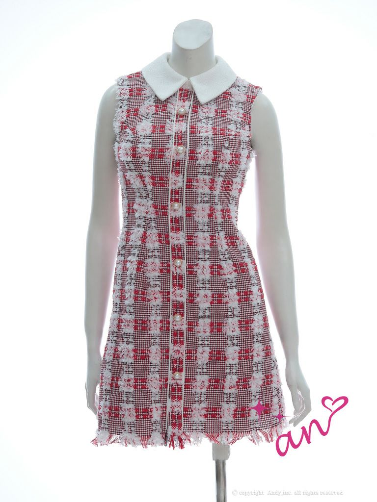 キャバドレス ミニ ドレス an アン チェック柄 ノースリーブ フリンジ 襟付き パールボタン Aライン フレアミニドレス