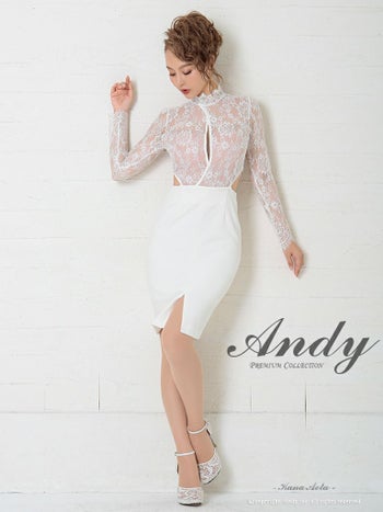 キャバドレス ミニ ドレス Andy アンディ レース カットアウト ハイネック スリット 長袖 くびれ透け タイトミニドレス