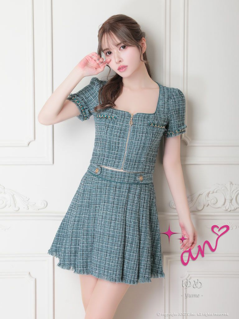 美品 ツイードビジュートップ ブルー 38 XSサイズあり【ROBE de FLEURS/ローブドフルール】ツイード/ ジップ