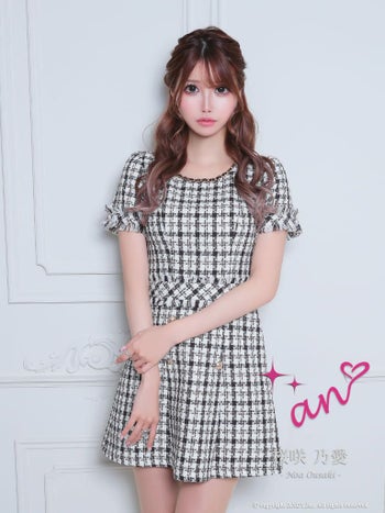 キャバドレス フレアミニドレス an アン 半袖 チェック柄 ガーリー ツイード フレアミニドレス