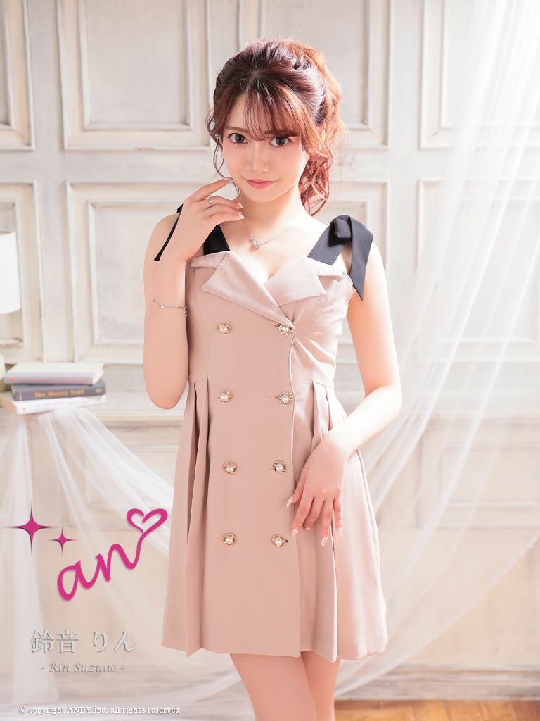 キャバドレス an アン かわいい 大人 ショルダーリボン パールボタン ノースリーブ 襟付き　フレアミニドレス