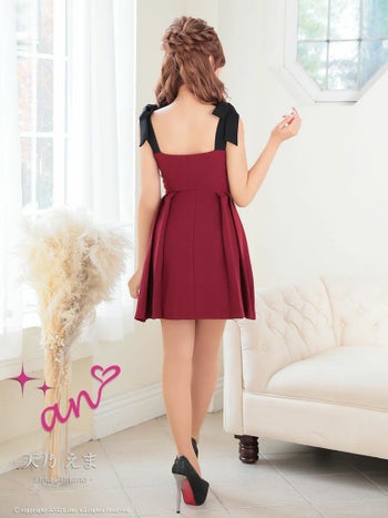 キャバドレス an アン かわいい 大人 ショルダーリボン パールボタン ノースリーブ 襟付き　フレアミニドレス